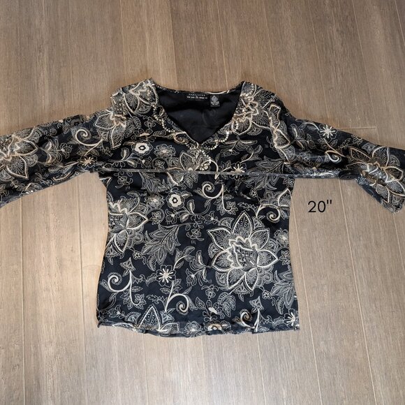 New York City Design Co, Silk V Neck Sequined Blouse, Black w Tan Paisley, Sz L - Picture 3 of 8